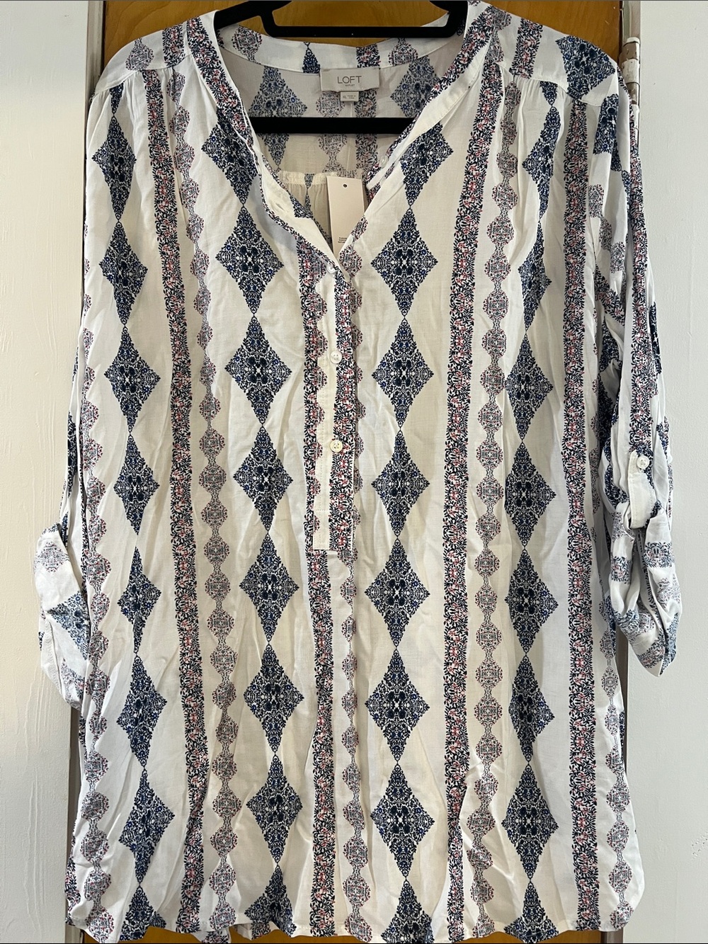 LOFT White Printed Button-Front Tunic with Navy and Pink Accents